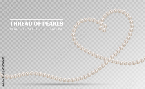 Shiny oyster pearls for luxury accessories. Pearl necklace thread of pearls. Realistic white pearls isolated on background. Beautiful natural heart shaped jewelry. Chains of pearls forming an ornament