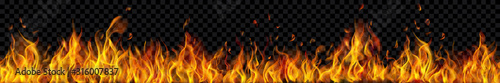 Banner of translucent fire flames and sparks with horizontal repetition on transparent background. For used on dark illustrations. Transparency only in vector format