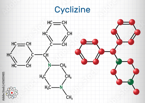 Cyclizine molecule. It is histamine H1 antagonist, is used to treat or prevent motion sickness and nausea. Structural chemical formula and molecule model. Sheet of paper in a cage