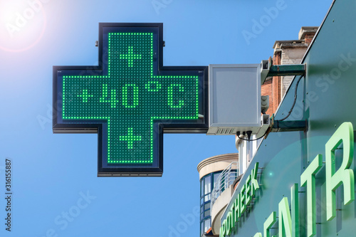 Thermometer showing temperature of 40 degrees Celsius during heatwave