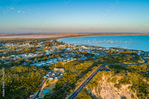 Aerial view of Beachport township and jetty at sunset