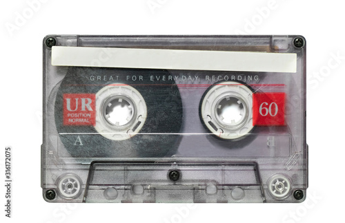 Transparent audio cassette tape isolated on white