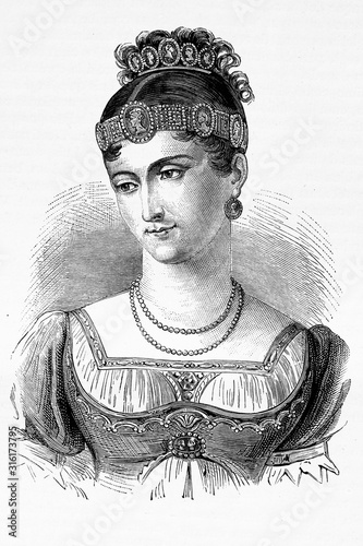 Pauline Bonaparte, Princess of Guastalla, Princess consort of Sulmona, and princess of France. 1780-1825. Antique illustration. 1890.