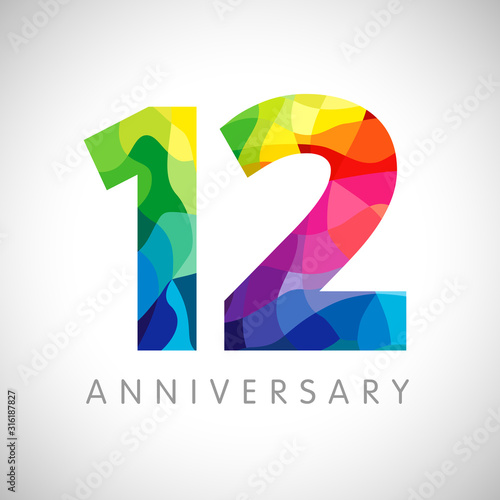 12 th anniversary numbers. 12 years old logotype. Bright congrats. Isolated abstract graphic web design template. Creative 1, 2 3D digits. Up to 12%, -12% percent off discount. Congratulation concept.