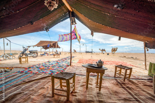 Interior of Bedoiun temporary stretch tent on Agafay desert, Morocco