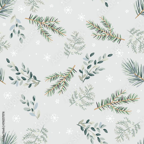 Christmas seamless pattern, green pine, fir twigs, fern, snowflakes, gray background. Vector illustration. Nature design. Season greeting. Winter forest. Xmas holidays