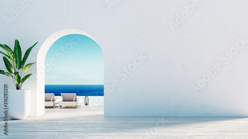  Gate to the sea view & Beach living - Santorini island style / 3D rendering