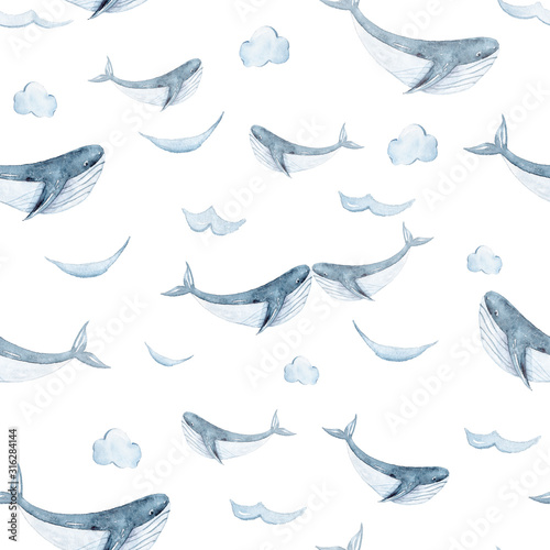 Watercolor hand painted sea life illustration. Seamless pattern on white background. Whales collection. Perfect for textile design, fabric, wrapping paper, scrapbooking