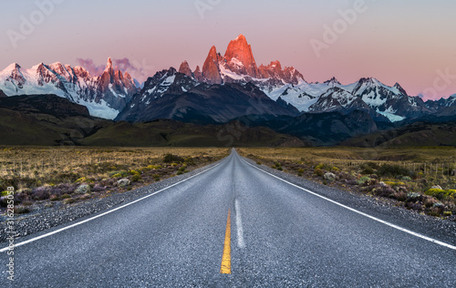 Beautiful Alpine Glow / first light on Mount Fitz Roy viewed from Road to El Chalten