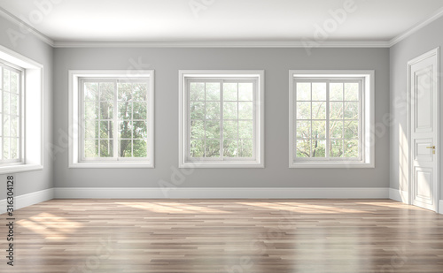 Classical empty room interior 3d render,The rooms have wooden floors and gray walls ,decorate with white moulding,there are white window looking out to the nature view.