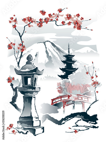 Toro Stone Lantern, Pagoda and red bridge under the mountain framed by sakura branches. Vector drawing in traditional japanese style sumi-e.