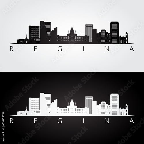 Regina skyline and landmarks silhouette, black and white design, vector illustration.