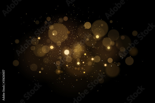 Abstract magical light effect with golden glares bokeh on a black background. Christmas lights. Glowing flying dust. Vector illustration