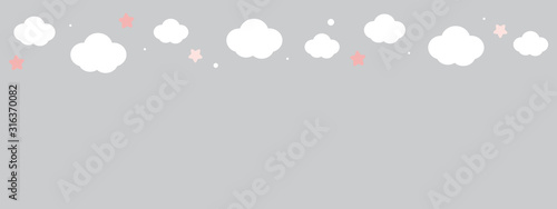 cute cloud and stars on pastel grey upper border seamless pattern.