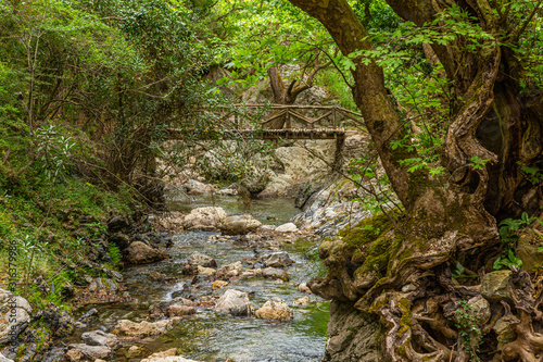 Old wooden bridge on hiking path on the greek island of crete in summer