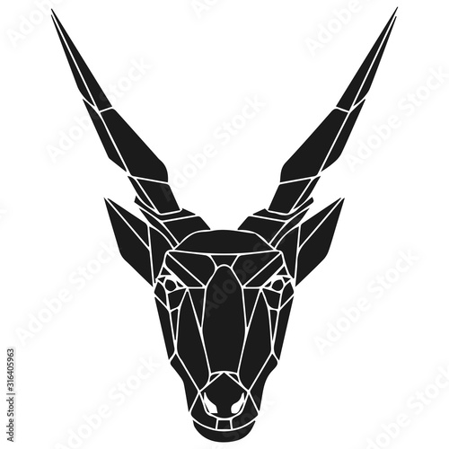 The black geometric head of eland antelope. Polygonal abstract animal of Africa. Vector illustration.