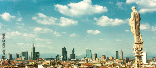Milan skyline, panorama of Porto Nuovo business district, Italy. View from Milan Cathedral (Duomo di Milano) rooftop.