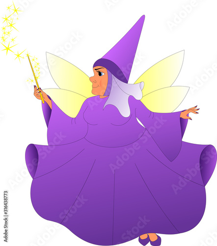 fairy godmother in a lilac dress with a magic wand in her hands