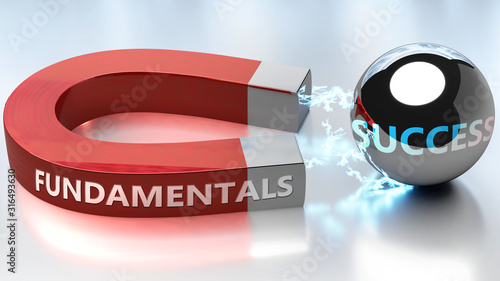 Fundamentals helps achieving success - pictured as word Fundamentals and a magnet, to symbolize that Fundamentals attracts success in life and business, 3d illustration