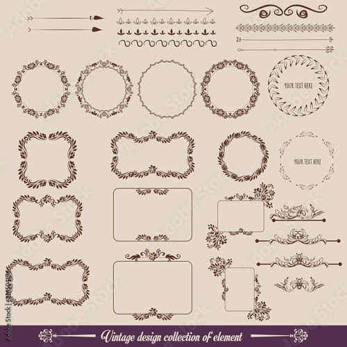 set of vintage frames and design elements and creative modern vintage calligraphic design elements. Decorative swirls or scrolls, vintage elements, flourishes, labels and dividers,. Retro vector illus