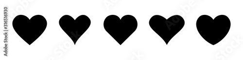 Set of heart vector icons isolated on white background. Vector illustration. Black flat design.