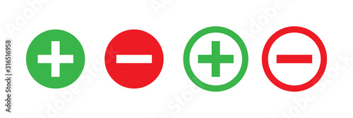 Plus and minus vector isolated green and red icon. Vector illustration. Plus icon simple add sign vector cross. Opportunity symbol. Check mark icon.