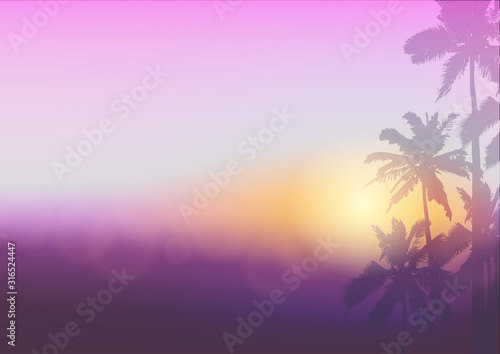 Background with silhouette of palm trees and tropical sunrise. Vector illustration