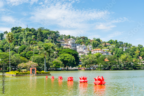 Kandy Lake or Kiri Muhuda or the Sea of Milk, an artificial lake in the heart of the hill city of Kandy, Sri Lanka, built in 1807 by King Sri Wickrama Rajasinghe next to the Temple of the Tooth.