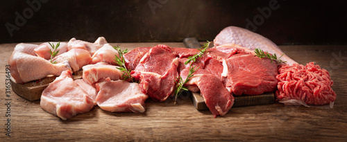 various types of fresh meat: pork, beef, turkey and chicken