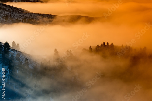 Warm colors of sunrise bathe fog caused by a weather inversion