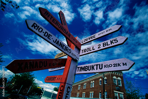 This is the Fremont district with a sign that says welcome to the center of the universe. It also has signs pointing to other famous cities and how many miles it takes to get there.