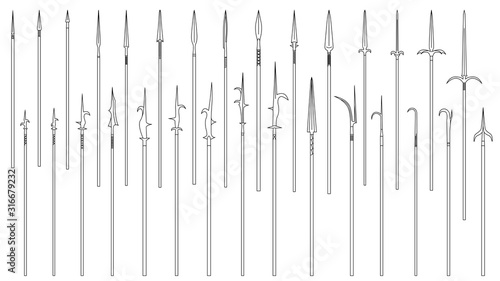 Set of simple monochrome images of medieval spears and halberds drawn by lines.