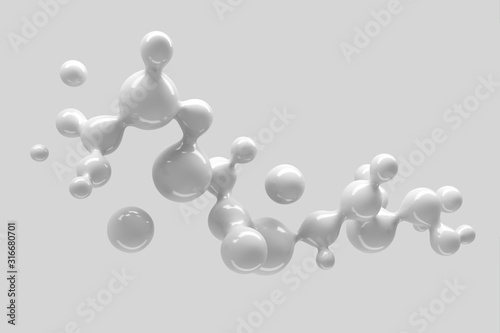 Abstract three-dimensional background of many flying droplets of viscous liquid. 3D illustration, 3D render. Stock illustration