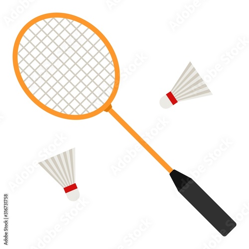 Badminton racket and white shuttlecocks on white background. Equipments for badminton game sport. Vector illustration