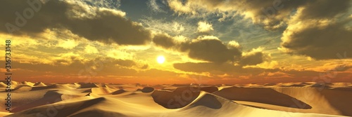 Sand desert at sunset, desert sunset, sand under the setting sun, sun and clouds over the desert, 3D rendering