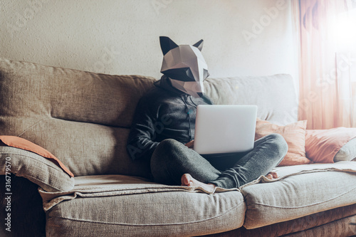 Man with a raccoon head costume using the laptop in the sofa