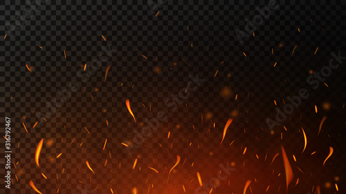 Fire sparks on dark transparent background. Flying up sparks, burning fire particles with smoke texture. Realistic flame effect