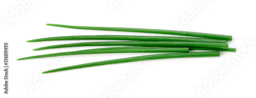 Chives isolated. Young green onion. Flat lay. Top view.