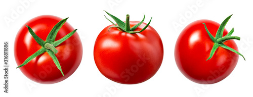 Tomato isolate. Tomato on white background. Tomatoes top view, side view. With clipping path.
