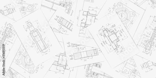 Engineering plan scheme . Technical drawing on white sheets of paper .Backgrounds of engineering subjects.Parts for industrial construction.Vector illustration . 