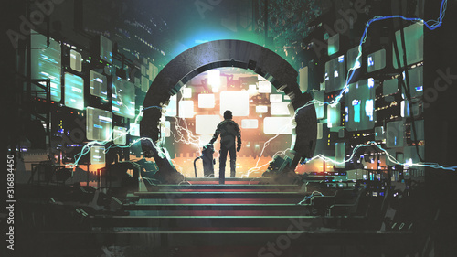 sci-fi concept showing a man standing at the futuristic portal, digital art style, illustration painting