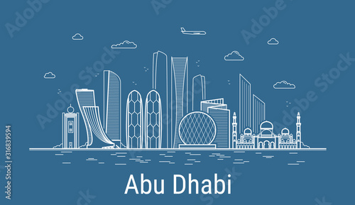 Abu Dhabi city line art Vector illustration with all famous buildings. Cityscape.