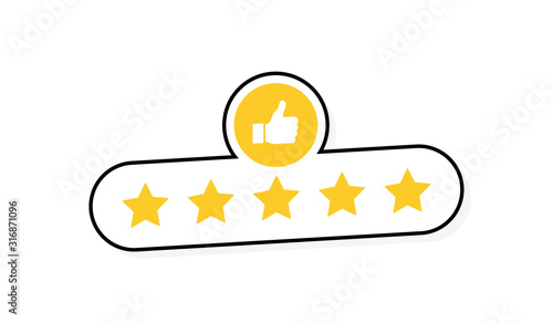 Five stars customer product rating review with thumbs up icon. Modern flat style vector illustration