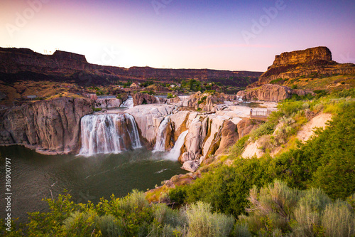 Colorful sunset and scenic panorama of Shoshone Falls, Twin Falls, Idaho, USA