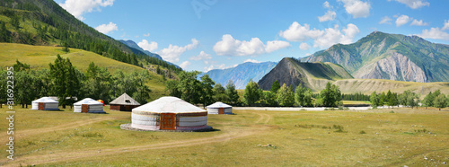 White yurts in the Altai mountains, large panorama