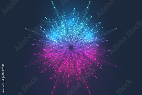 Geometric abstract background expansion of life. Colorful explosion background with connected line and dots, wave flow. Graphic background explosion, motion burst. Scientific vector illustration.