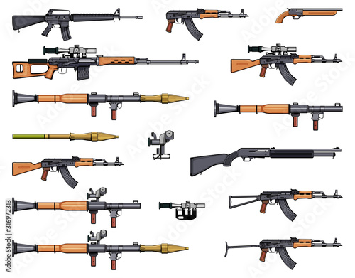 Weapons set. Kalashnikov rifle. Gun set. RPG. Arsenal set. Sniper scope rifle. Firearms. Assault rifles. Gun for self defense. Rifles. Machine gun. Shotgun. Sniper rifles. Weapons for games.