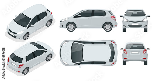 Subcompact hatchback car. Compact Hybrid Vehicle. Eco-friendly hi-tech auto. Easy color change. Template isolated on white view front, rear, side, top and isometric
