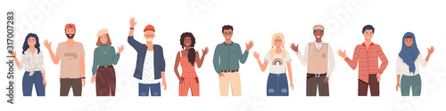Multicultural students group, international people waving vector. Young girls and boys of al races and nationalities isolated characters. Happy teenagers in casual clothes, youth. Different nations