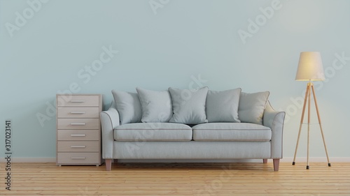 blue pastel modern living room design with sofa and cabinet and wooden floor and light lamp.